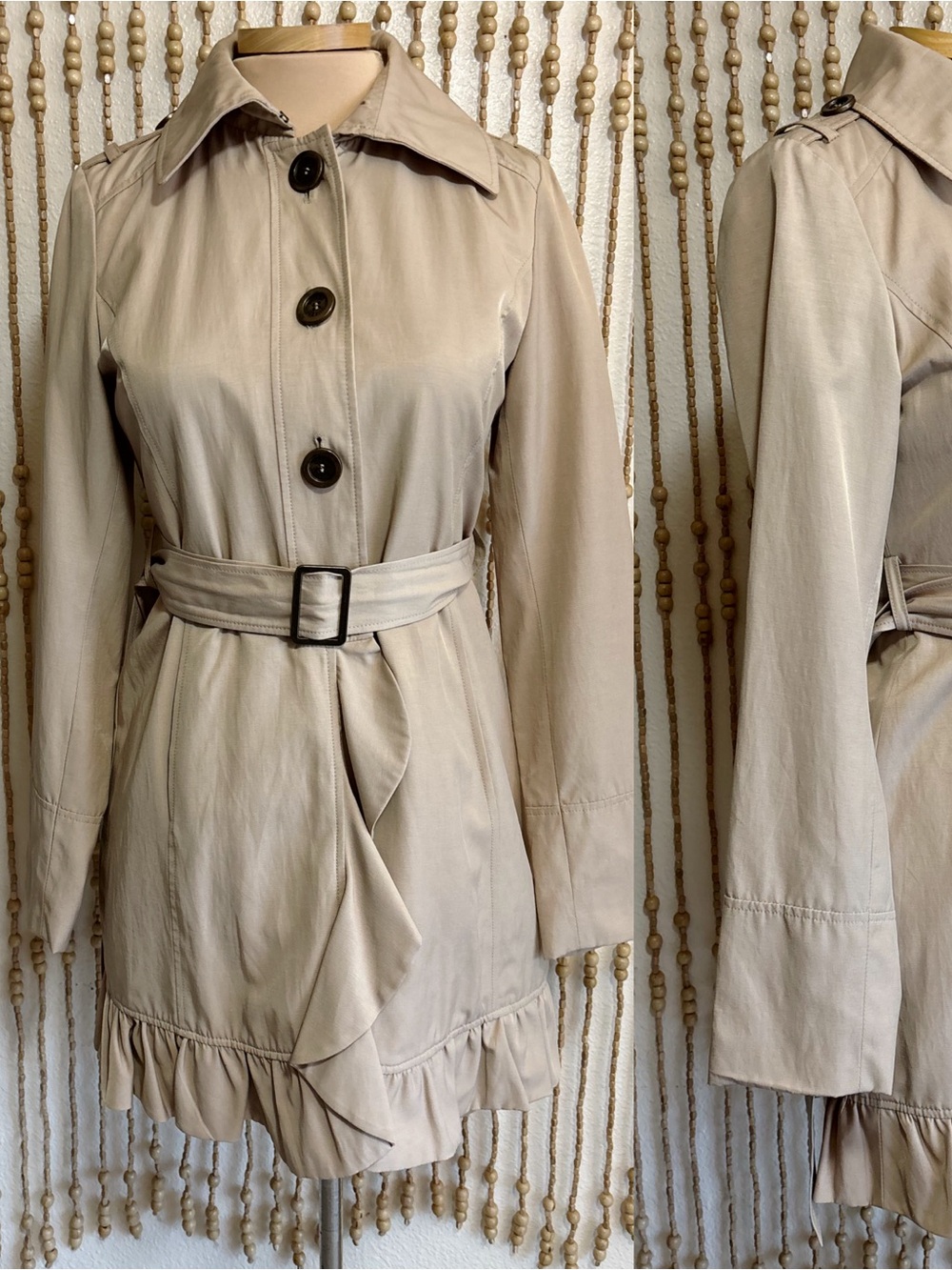 Y2K Vintage Guess Khaki Button Down Ruffle Hem Long Sleeve Belted Trench Jacket